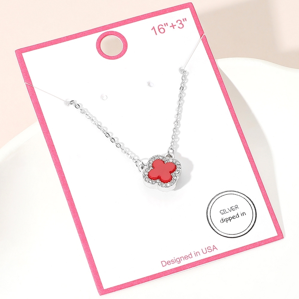 Red Silver Rhinestone Crystal Trim Quatrefoil Clover Chain 0.5 Pendant Necklace